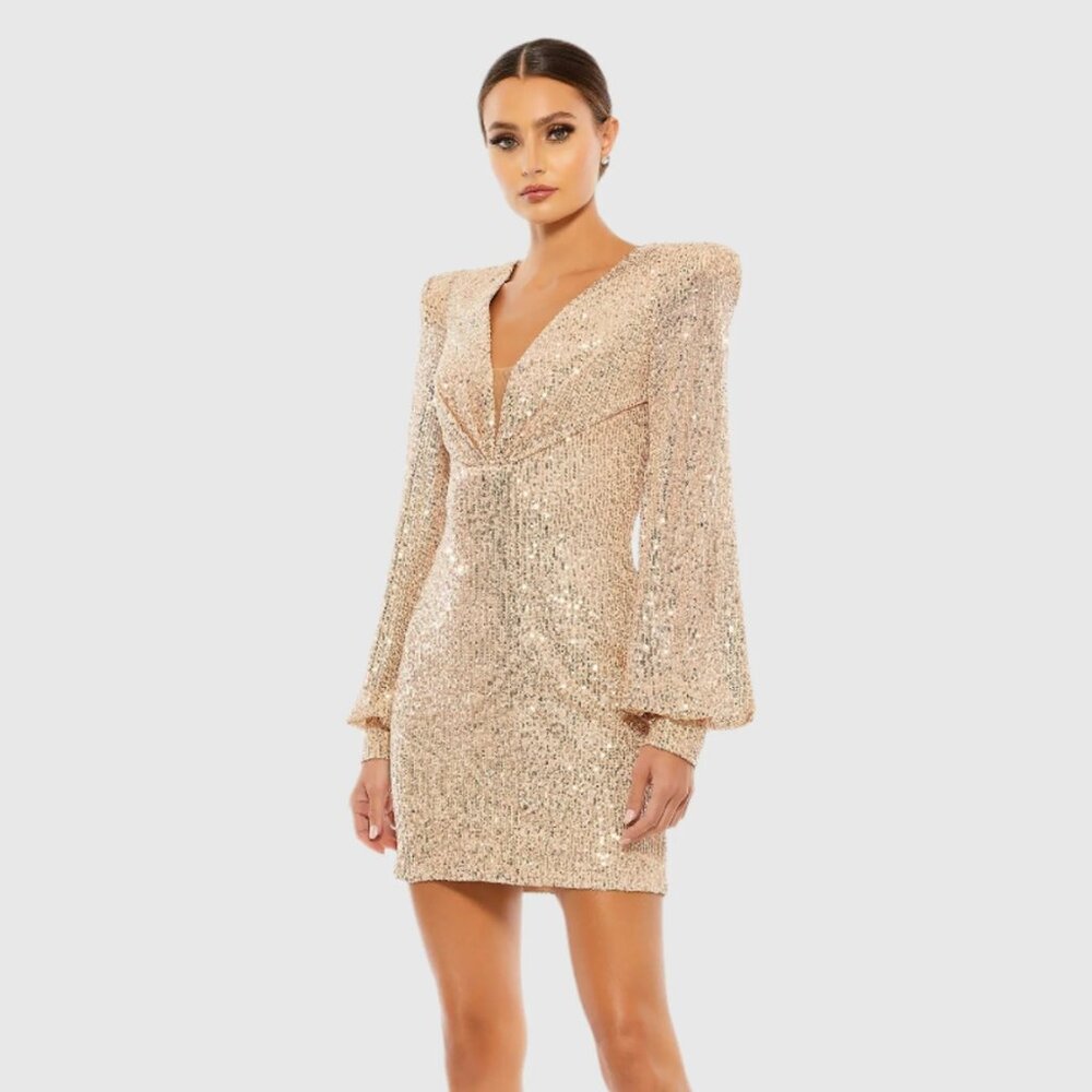 NWT Mac Duggal  Sequined Structured Bishop Sleeve Mini Dress Size 8